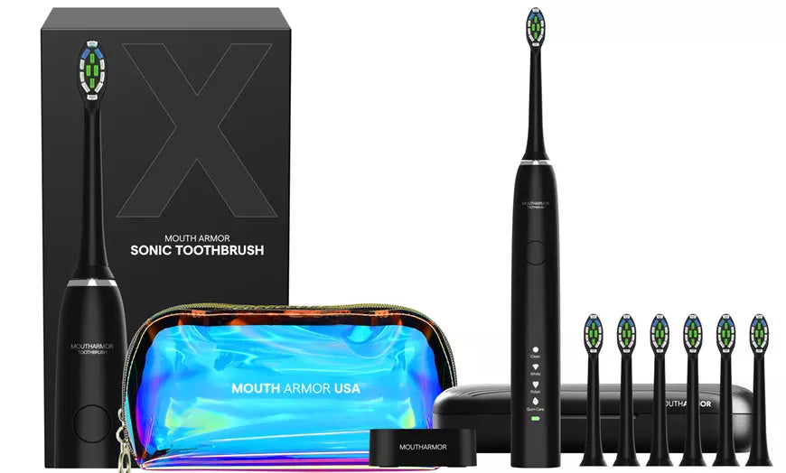 Mouth Armor UltraSonic Toothbrush 6 Brush Heads, Travel Case and Holographic Bag
