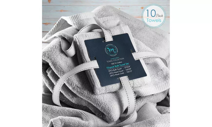 Hearth & Harbor Towels -100% Cotton Set of 10 ; 2 Bath, 2 Hand and 6 Washcloths