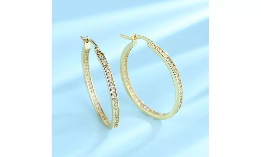 14K Gold Plated In and Out Hoop Earrings with Genuine Crystals