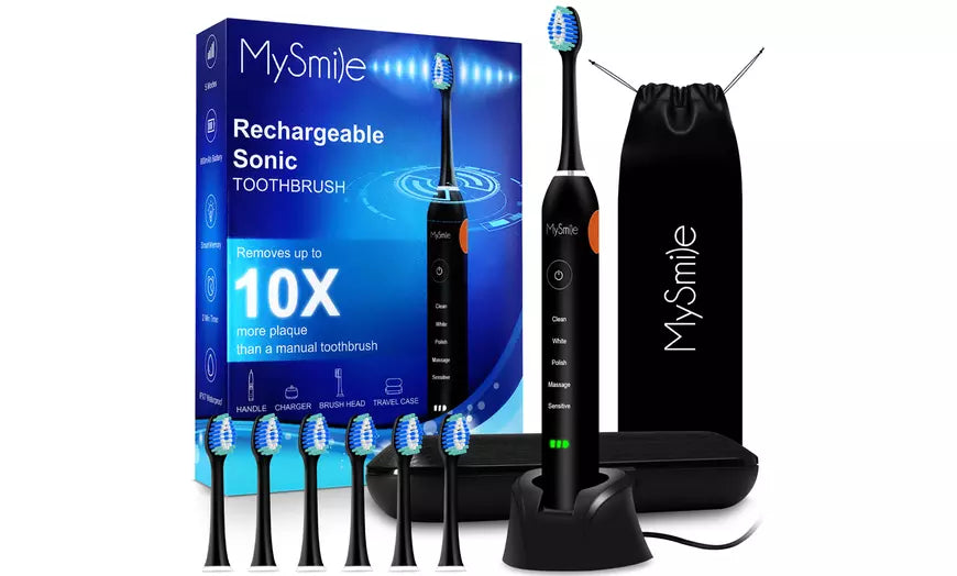 MySmile Ultrasonic Electric Toothbrush 5 Cleaning Modes & 6 Replace Brush Heads