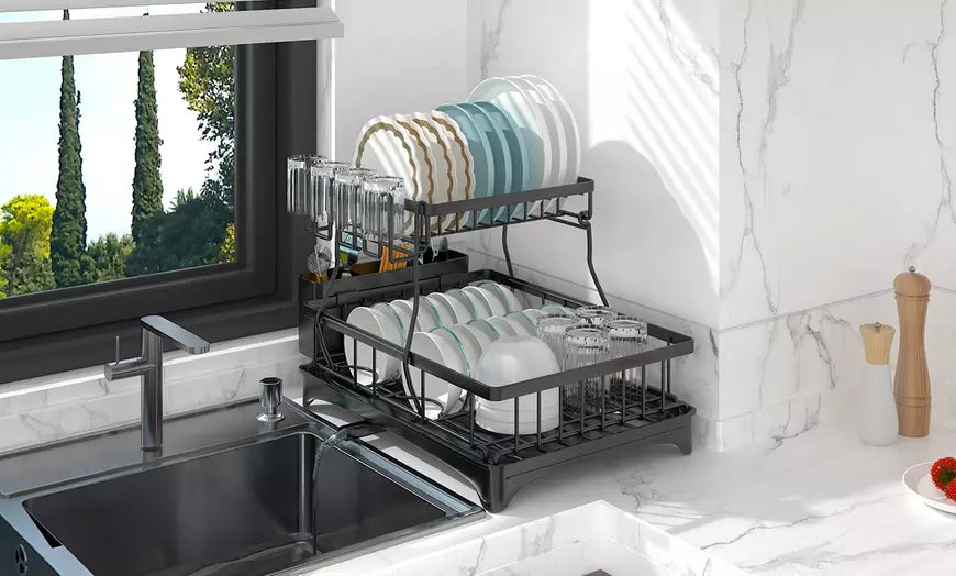 NewHome 2-Tier Dish Drying Rack w/ Drain Board, Utensil Holder, & Cup Rack