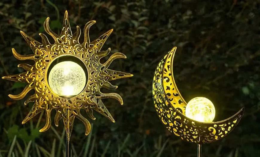 2 Pack Solar Lights Outdoor Solar Metal Sun Moon Stakes Crackle Globes Light
