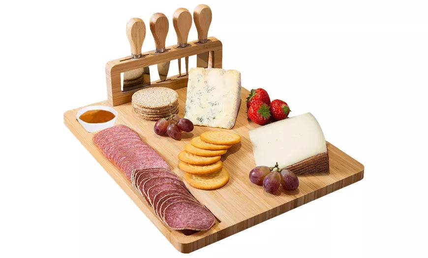 NewHome Bamboo Cheese Board Charcuterie Cheese Platter Board w/ Cutlery Set