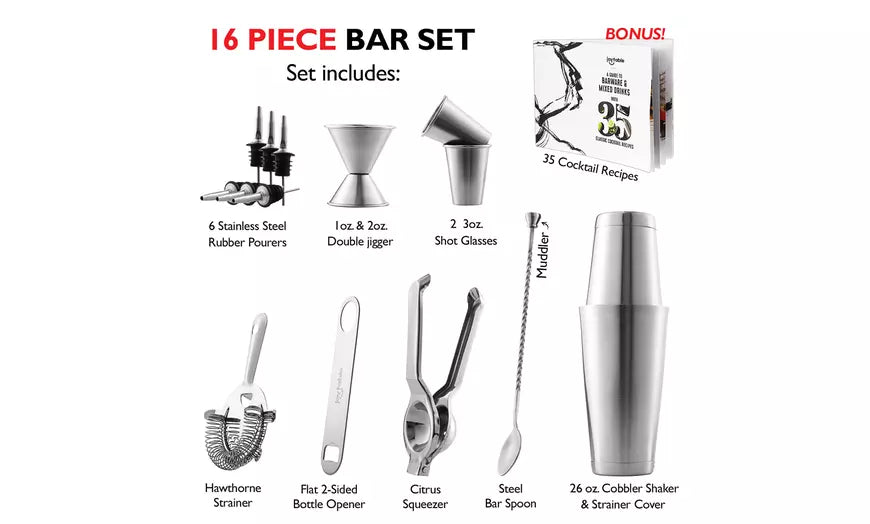 JoyTable Cocktail Shaker Home Bar Set - 16 Piece Bar Set Tools Bartender Kit