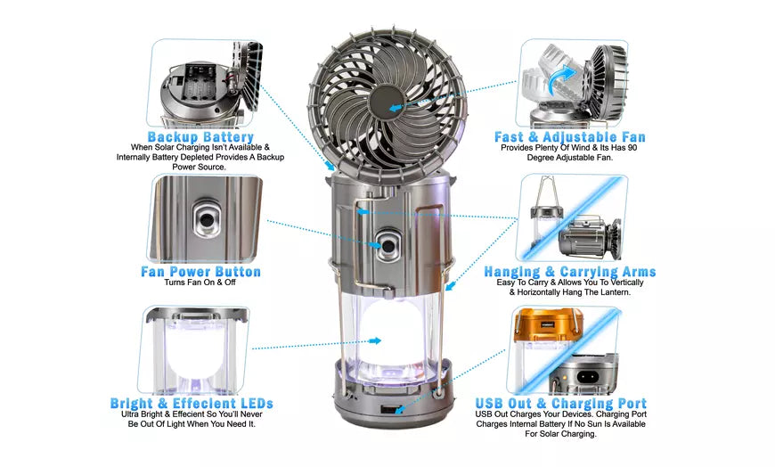 Solar Lantern Powered Light Fan Portable Collapsible Rechargeable Camping Lamp