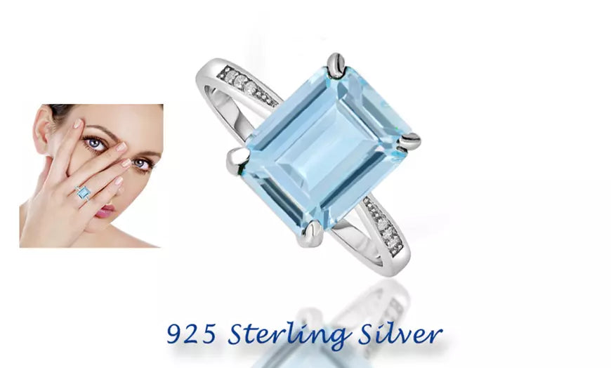 Sterling Silver 4.00 CTTW Aquamarine Emerald Cut Ring