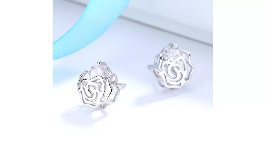 Sterling Silver Caged Rose Stud Earrings with Floating crystals from Swarovski