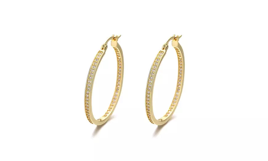 14K Gold Plated In and Out Hoop Earrings with Genuine Crystals