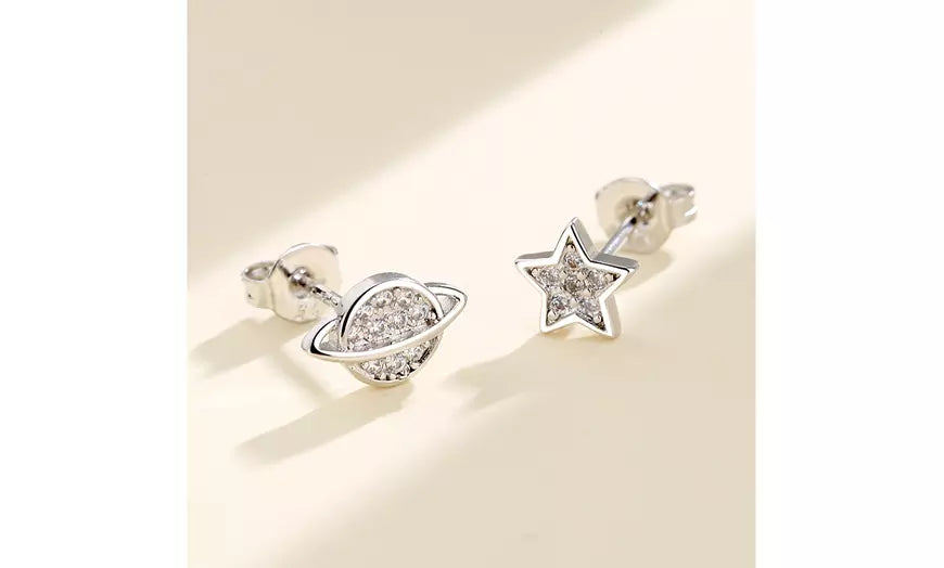 18K White Gold Star and Planet Earrings with crystals from Swarovski