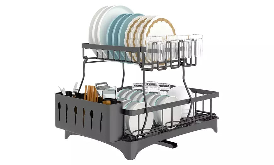 NewHome 2-Tier Dish Drying Rack w/ Drain Board, Utensil Holder, & Cup Rack