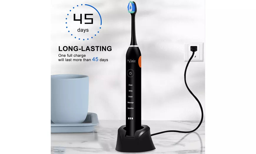 MySmile Ultrasonic Electric Toothbrush 5 Cleaning Modes & 6 Replace Brush Heads