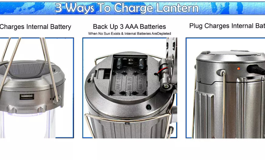 Solar Lantern Powered Light Fan Portable Collapsible Rechargeable Camping Lamp