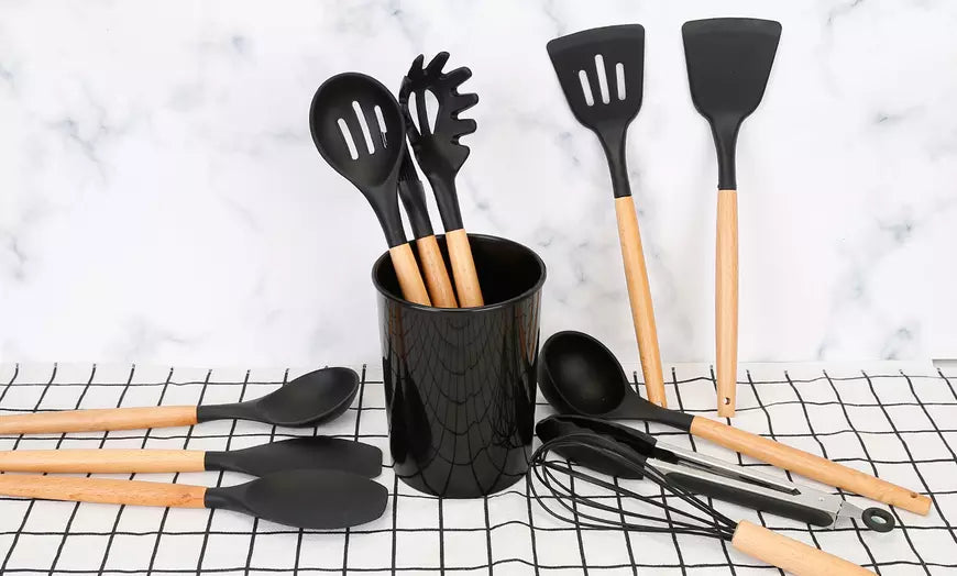 NewHome Heat Resistant Silicone Cooking Utensil Set w/ Wooden Handles (11-Piece)