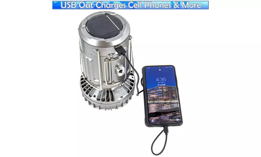 Solar Lantern Powered Light Fan Portable Collapsible Rechargeable Camping Lamp