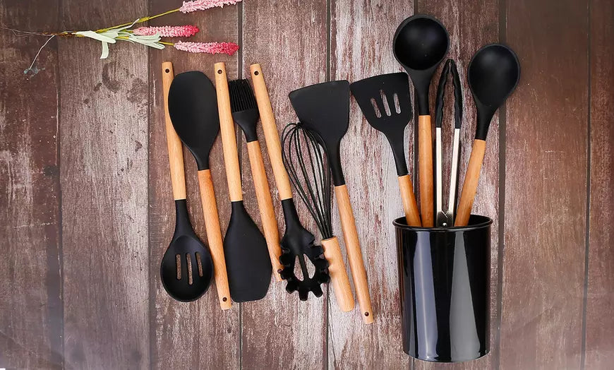 NewHome Heat Resistant Silicone Cooking Utensil Set w/ Wooden Handles (11-Piece)