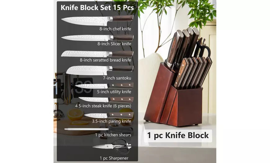 Costway Kitchen Knife Set 15pcs Stainless Steel Knife Block Set Ergonomic Handle