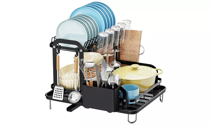 NewHome 2-Tier Dish Drying Rack w/ Drain Board, & Utensil & Cutting Board Holder