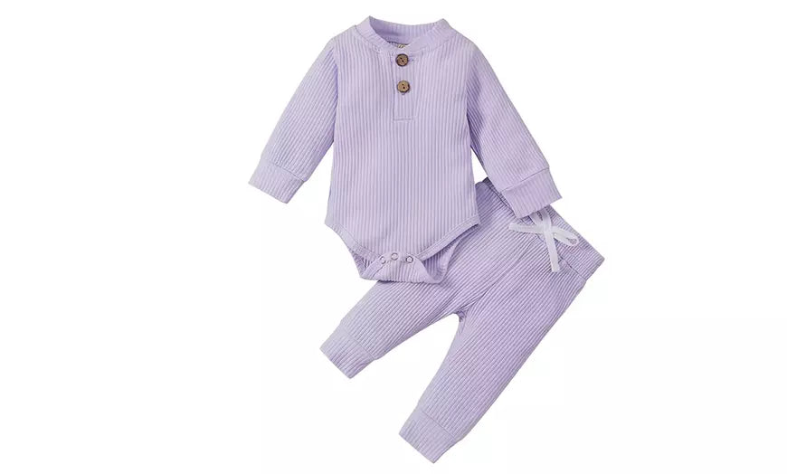 2Pcs Newborn Baby Boy Girl Clothes Set Ribbed Long Sleeve Tops Pants Outfits