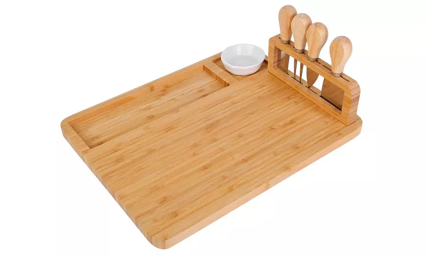 NewHome Bamboo Cheese Board Charcuterie Cheese Platter Board w/ Cutlery Set